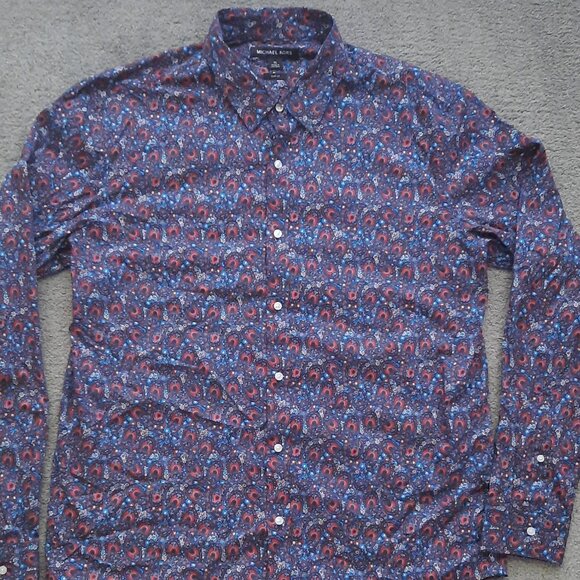 Michael Kors Paisley Floral Blue Shirt Men's XL Slim Fit Retro Look Long Sleeve - Picture 2 of 7